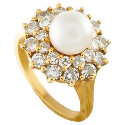 Pre-owned Lb Exclusive 18k Yellow Gold 1.0ct Diamond And Pearl Cluster Ring Mf13-062926
