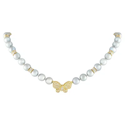 Pre-owned Lb Exclusive 18k Yellow Gold 1.47ct Diamond And Pearl Butterfly Brooch Necklace