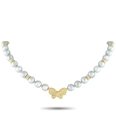 Lb Exclusive 18k Yellow Gold 1.47ct Diamond And Pearl Butterfly Brooch Necklace Mf16-081925 In Pattern