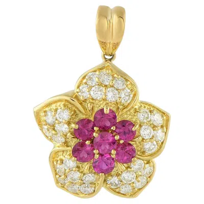Pre-owned Lb Exclusive 18k Yellow Gold 1.49ct Diamond And Ruby Flower Pendant