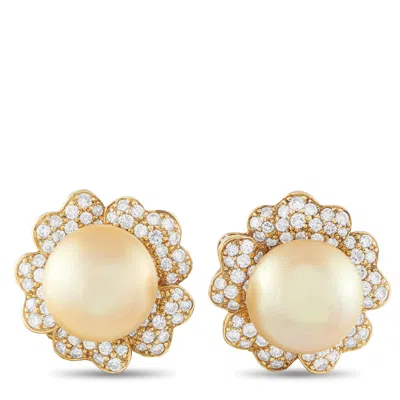 Lb Exclusive 18k Yellow Gold 3.25 Ct Diamond And Golden Pearls Flower Earrings Mf32-011626