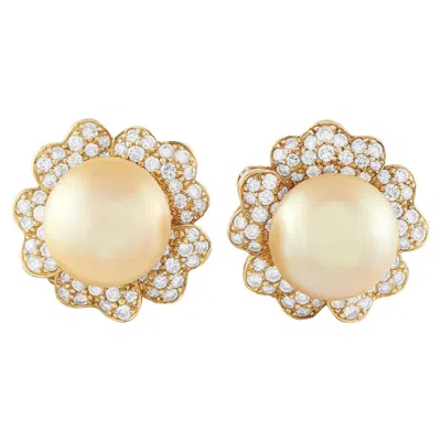Pre-owned Lb Exclusive 18k Yellow Gold 3.25ct Diamond And Golden Pearls Flower Earrings Mf32-011626