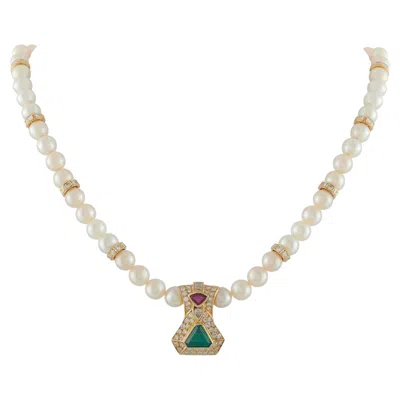 Pre-owned Lb Exclusive 18k Yellow Gold 3.65ct Diamond, Emerald, And Ruby Cultured Pearl Necklace