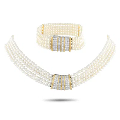 Lb Exclusive 18k Yellow Gold 5.08 Ct Diamond And Pearls Bracelet And Necklace Set Mf11-090525 In White