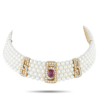 Lb Exclusive 18k Yellow Gold 5.0ct Diamond, Ruby, And Pearls Choker Necklace Mf13-072925
