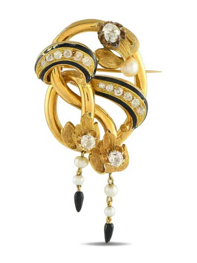 Pre-owned Lb Exclusive 18k Yellow Gold Akoya And Diamond Brooch
