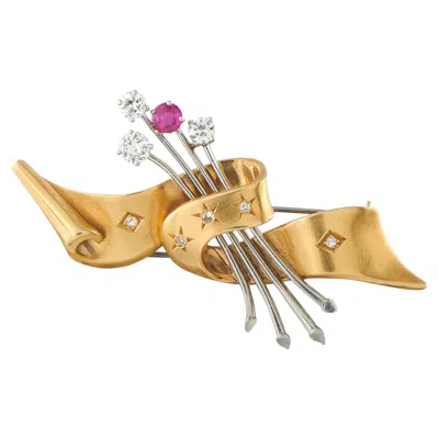 Pre-owned Lb Exclusive 18k Yellow Gold And Platinum 0.70ct Diamond And Ruby Brooch Mf18-063026