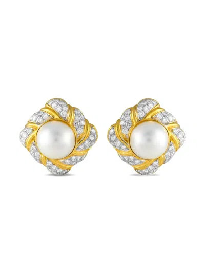 Pre-owned Lb Exclusive 18k Yellow Gold Diamond And Pearl Clip-on Earrings