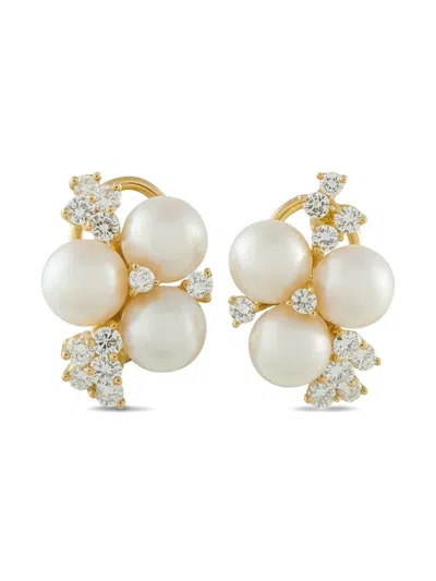 Pre-owned Lb Exclusive 18k Yellow Gold Diamond And Pearl Earrings