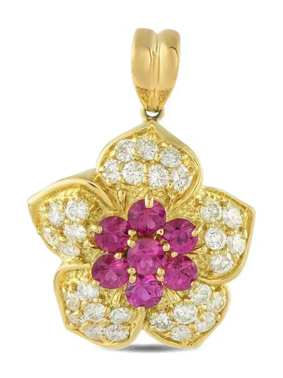 Pre-owned Lb Exclusive 18k Yellow Gold Diamond And Ruby Flower Pendant
