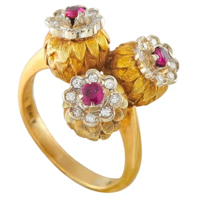 Pre-owned Lb Exclusive 18k Yellow Gold Diamond And Ruby Triple Flower Ring Mf45-062526