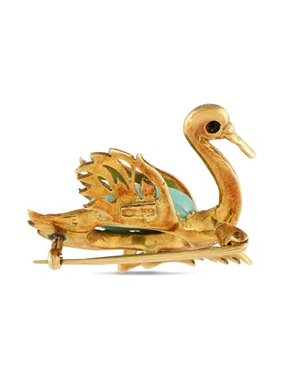 Pre-owned Lb Exclusive 18k Yellow Gold Diamond And Turquoise Swan Brooch