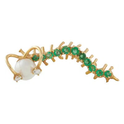 Pre-owned Lb Exclusive 18k Yellow Gold Diamond, Emerald, & Pearl Caterpillar Brooch Mf26-122225