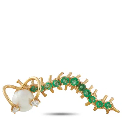 Lb Exclusive 18k Yellow Gold Diamond, Emerald, And Pearl Caterpillar Brooch Mf26-122225 In Green