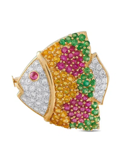 Pre-owned Lb Exclusive 18k Yellow Gold Fish Multi-stone Brooch