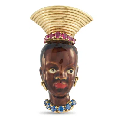 Lb Exclusive 18k Yellow Gold Sapphire, Ruby, And Enamel French Blackamoor Brooch Mf11-050726 In Red