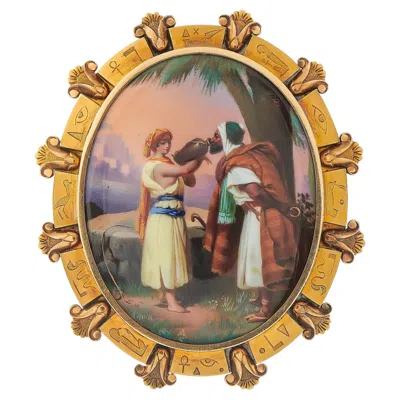 Pre-owned Lb Exclusive 18k Yellow Gold Victorian Egyptian Revival Hand-painted Enamel Brooch