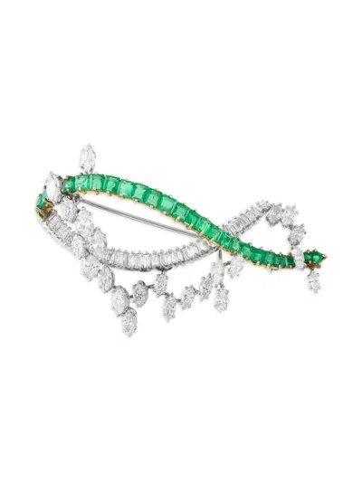 Pre-owned Lb Exclusive 18kt Yellow Gold Emerald Brooch In Silver