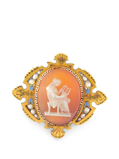 Pre-owned Lb Exclusive Agate And Pearl Cameo Brooch In Gold