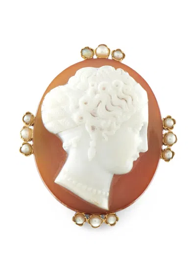Pre-owned Lb Exclusive Agate And Pearl Cameo Brooch In Gold