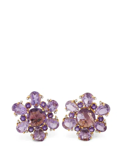 Pre-owned Lb Exclusive Amethyst And Diamond Flower Earrings In Gold