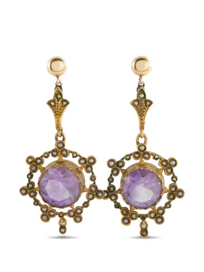 Pre-owned Lb Exclusive Amethyst Seed-pearl Earrings In Gold