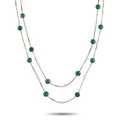Lb Exclusive Antique 14k Yellow Gold Jade And Pearl Long Necklace Mf04-051625