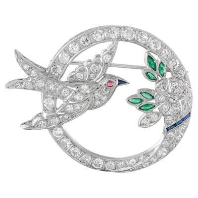 Pre-owned Lb Exclusive Antique 18k White Gold 2.70ct Diamond And Emerald Bird Brooch Mf01-062526