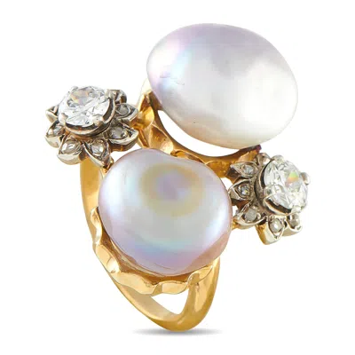 Lb Exclusive Antique 18k Yellow Gold 0.50ct Diamond And Natural Pearl Ring 27378 In Silver