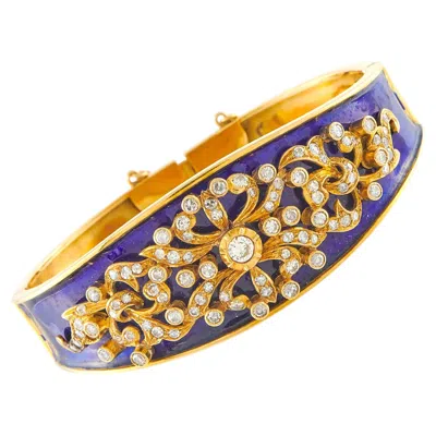 Pre-owned Lb Exclusive Antique 18k Yellow Gold 2.59 Ctw Diamond And Blue Enamel Bangle Bracelet