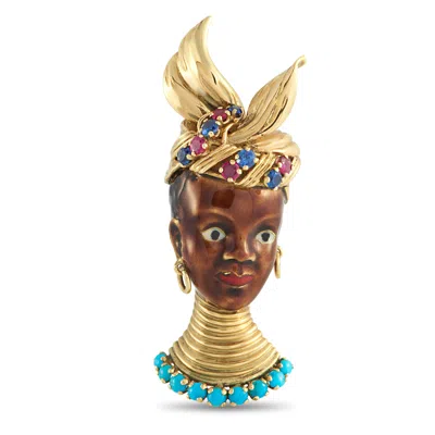 Lb Exclusive Antique 18k Yellow Gold Sapphire, Ruby, Turquoise, And Enamel French Blackamoor Brooch Mf12-050726