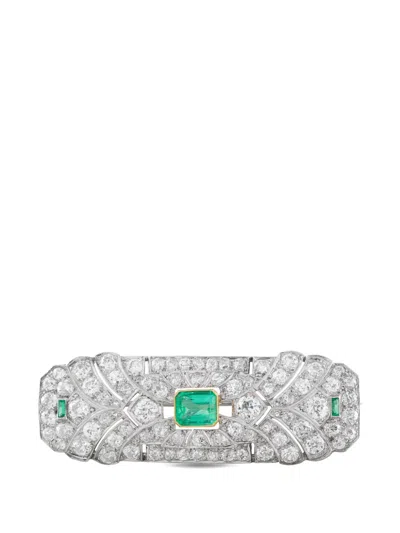 Pre-owned Lb Exclusive Art Deco Diamond Emerald Brooch In Silver