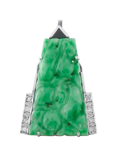 Pre-owned Lb Exclusive Art Deco Jade And Diamond Brooch In Silver