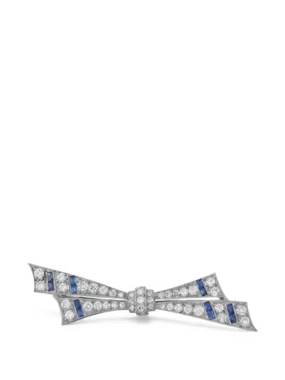 Pre-owned Lb Exclusive Bow-motif Diamond And Sapphire Brooch In 银色