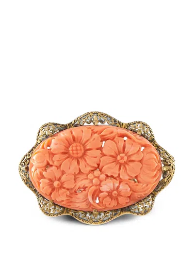 Pre-owned Lb Exclusive Carved Coral Brooch In Gold