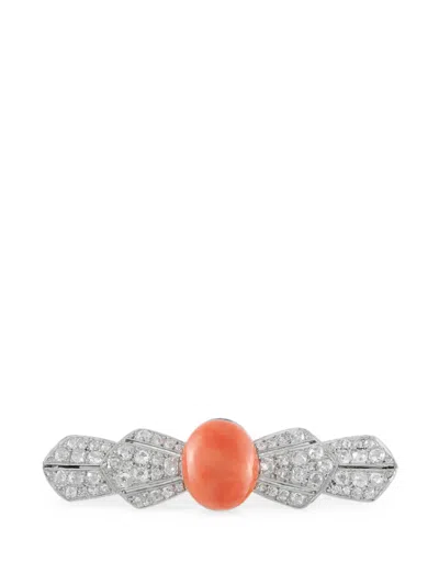 Pre-owned Lb Exclusive Coral And Diamond Bar Brooch In Silver
