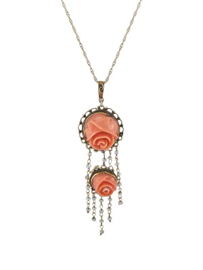 Pre-owned Lb Exclusive Coral And Pearl Pendant Necklace In Gold