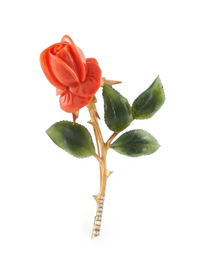 Pre-owned Lb Exclusive Coral Jade And Diamond Brooch In Gold