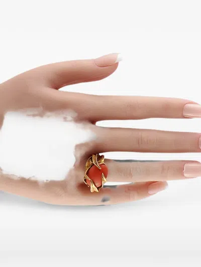 Pre-owned Lb Exclusive Coral-stone Leaf-embellished Ring In Gold