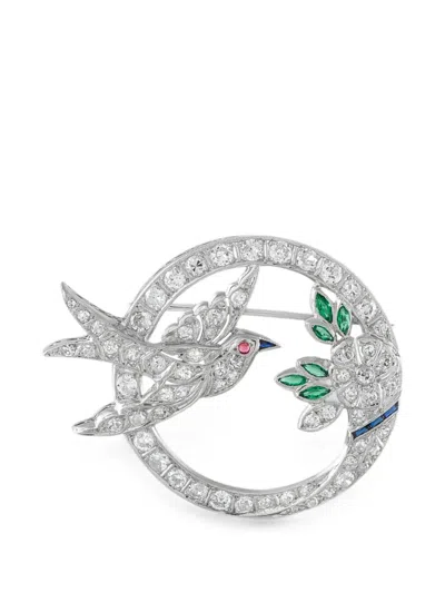 Pre-owned Lb Exclusive Diamond And Emerald Bird Brooch In Silver