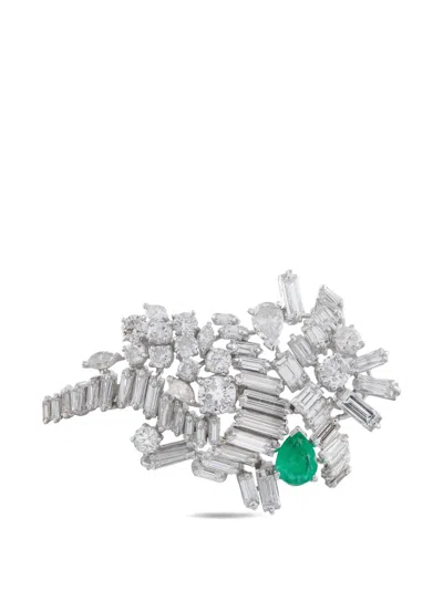 Pre-owned Lb Exclusive Diamond And Emerald Brooch In Silver