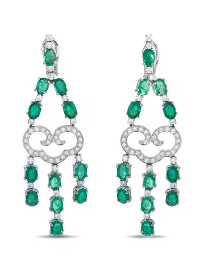 Pre-owned Lb Exclusive Diamond And Emerald Dangle-earrings In Silver