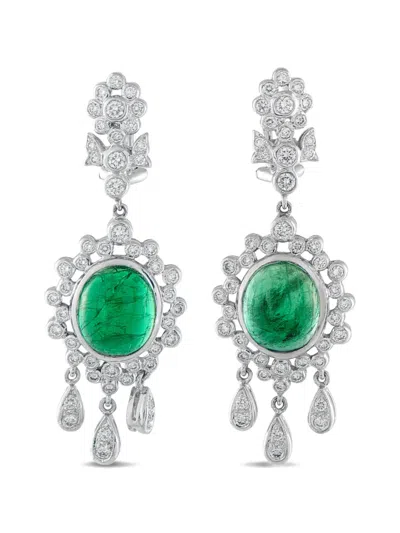 Pre-owned Lb Exclusive Diamond And Emerald Drop Earrings In Silver