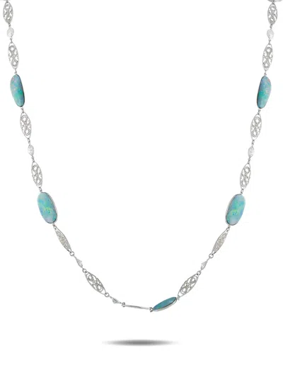Pre-owned Lb Exclusive Diamond And Opal Necklace In Silver