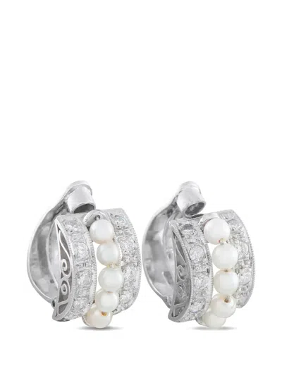 Pre-owned Lb Exclusive Diamond And Pearl Clip-on Earrings In Silver