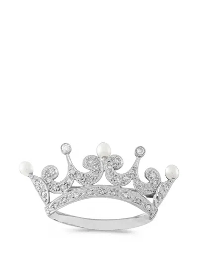 Pre-owned Lb Exclusive Diamond And Pearl Crown Brooch In Silver