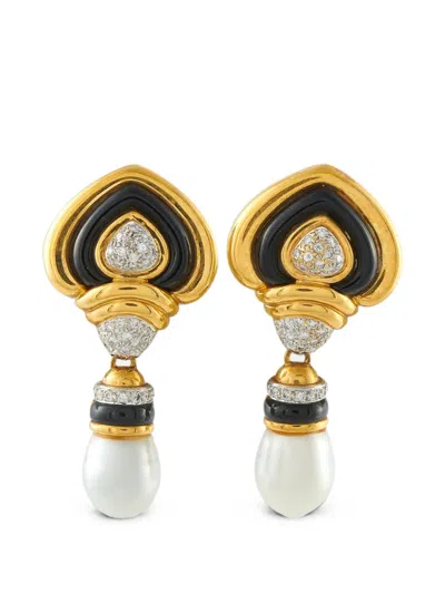 Pre-owned Lb Exclusive Diamond And Pearl Drop Earrings In Gold