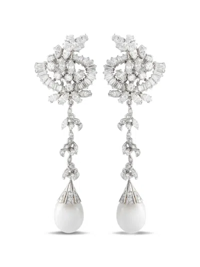 Pre-owned Lb Exclusive Diamond And Pearl Drop Earrings In Silver