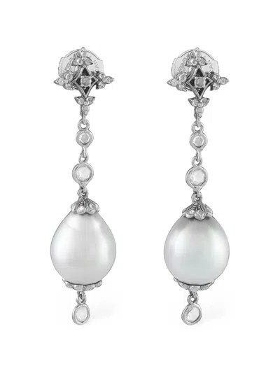 Pre-owned Lb Exclusive Diamond And Pearl Drop Earrings In Silver