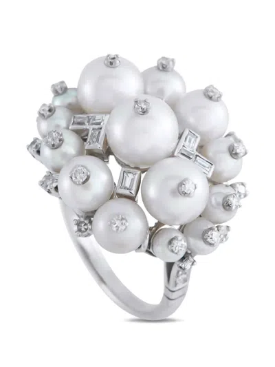 Pre-owned Lb Exclusive Diamond And Pearl Embellished Ring In Silver